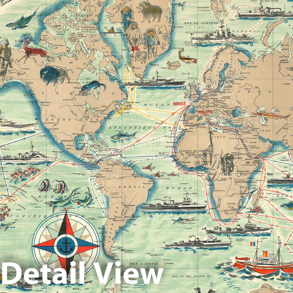 Historic Map : The World Tracing Voyages of French Warships, Baille, 1954, Vintage Wall Art