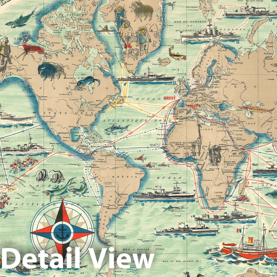 Historic Map : The World Tracing Voyages of French Warships, Baille, 1954, Vintage Wall Art