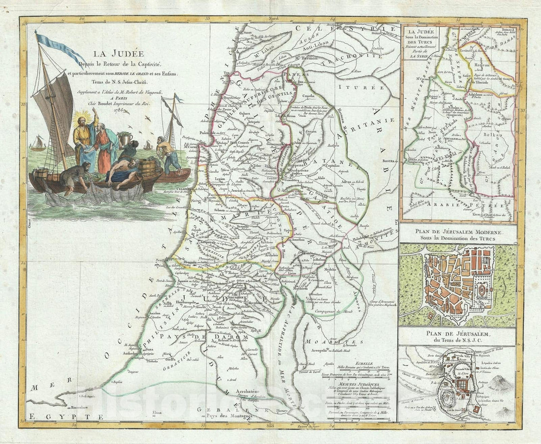 Historic Map : Israel, Palestine or The Holy Land, Vaugondy, 1786, Vintage Wall Art