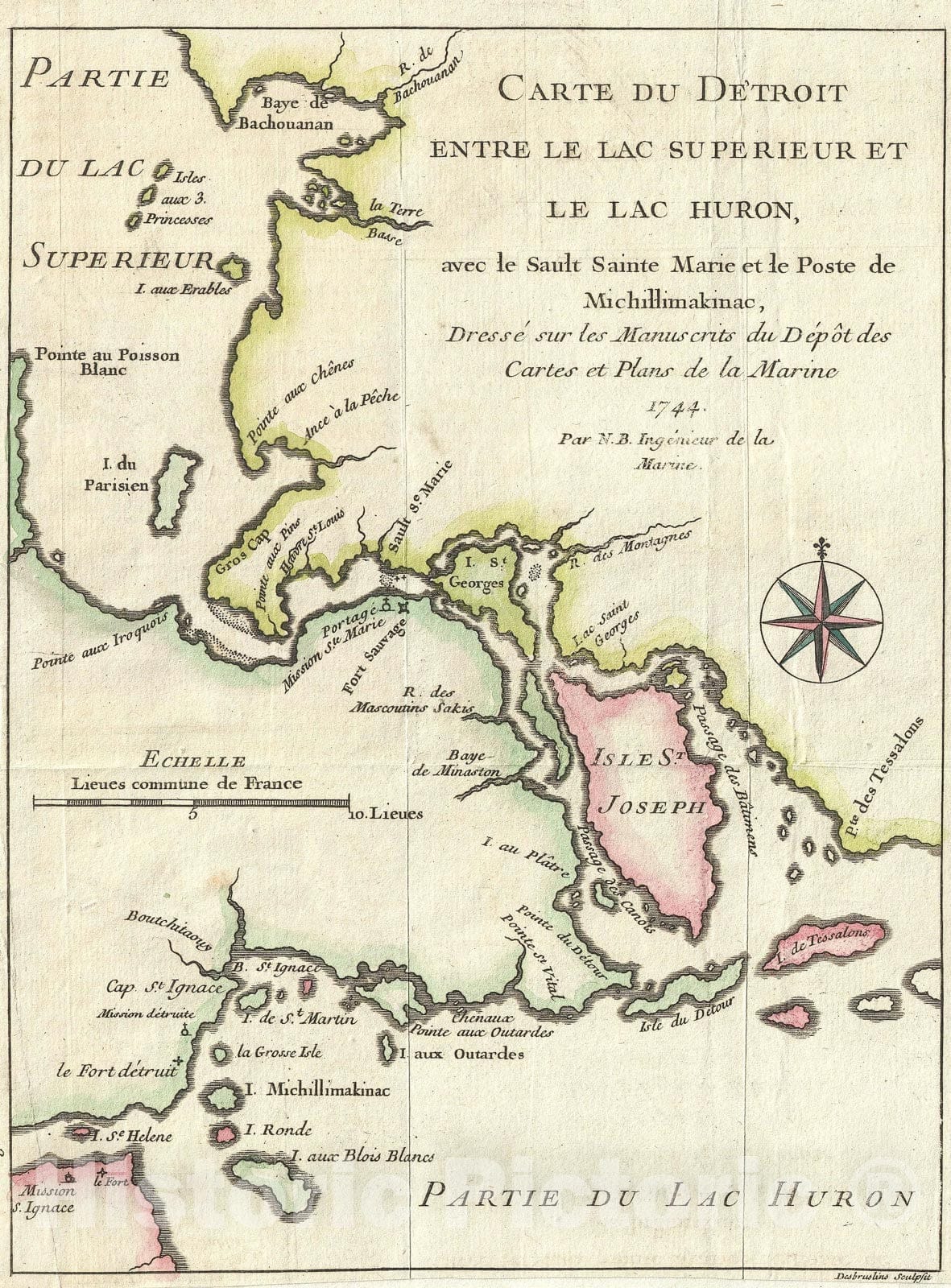 Historic Map : The Straits between Lake Huron, Lake Michigan, and Lake Superior "Great Lakes", Bellin, 1744, Vintage Wall Art