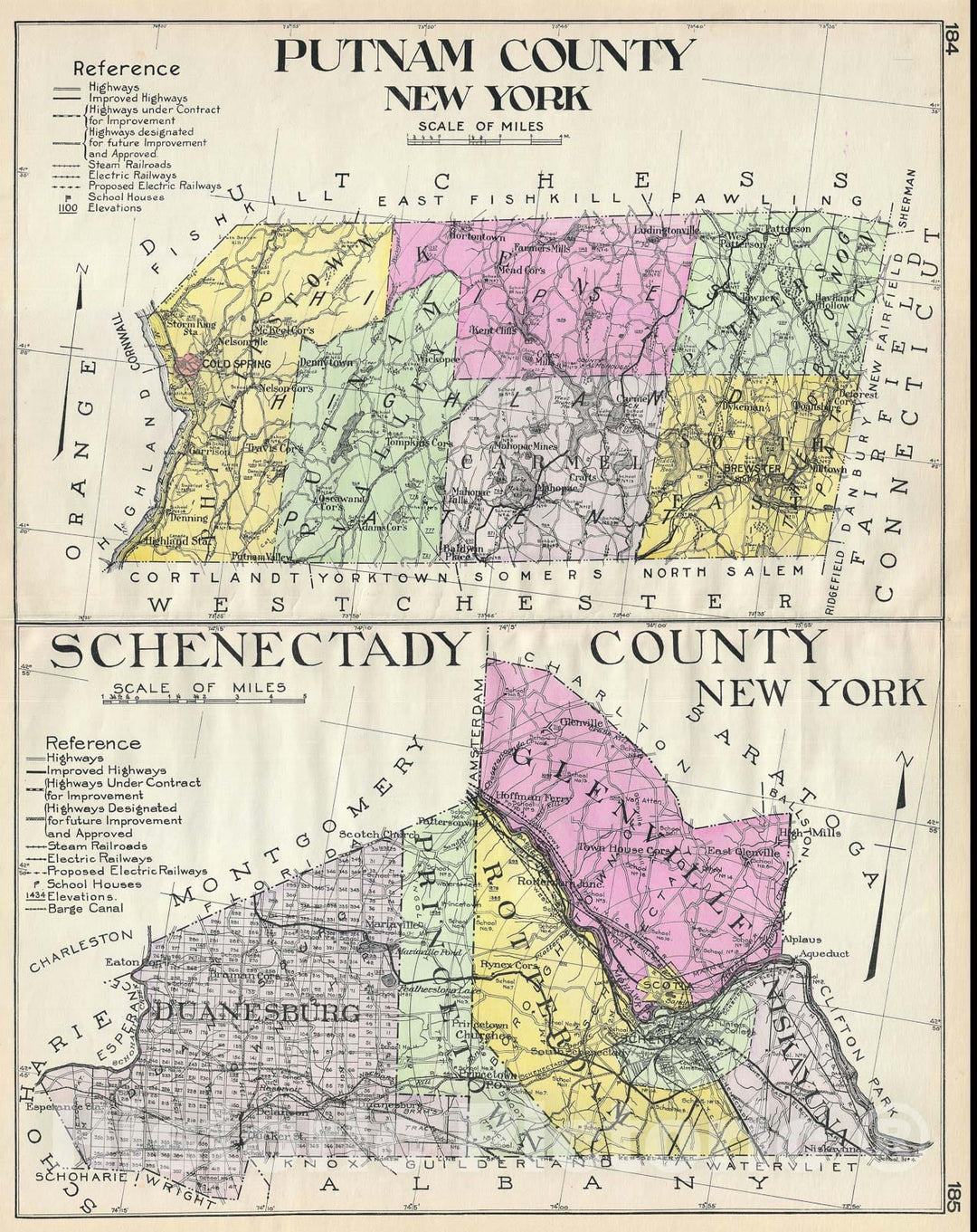 Historic Map : Putnam County and Schenectady County, New York, Century, 1912, Vintage Wall Art