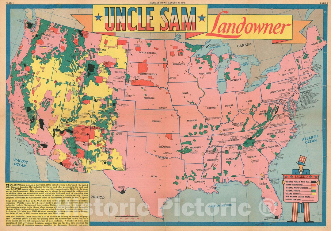 Historic Map : United States National Parks, Forests, and Monuments, Sundberg, 1949, Vintage Wall Art