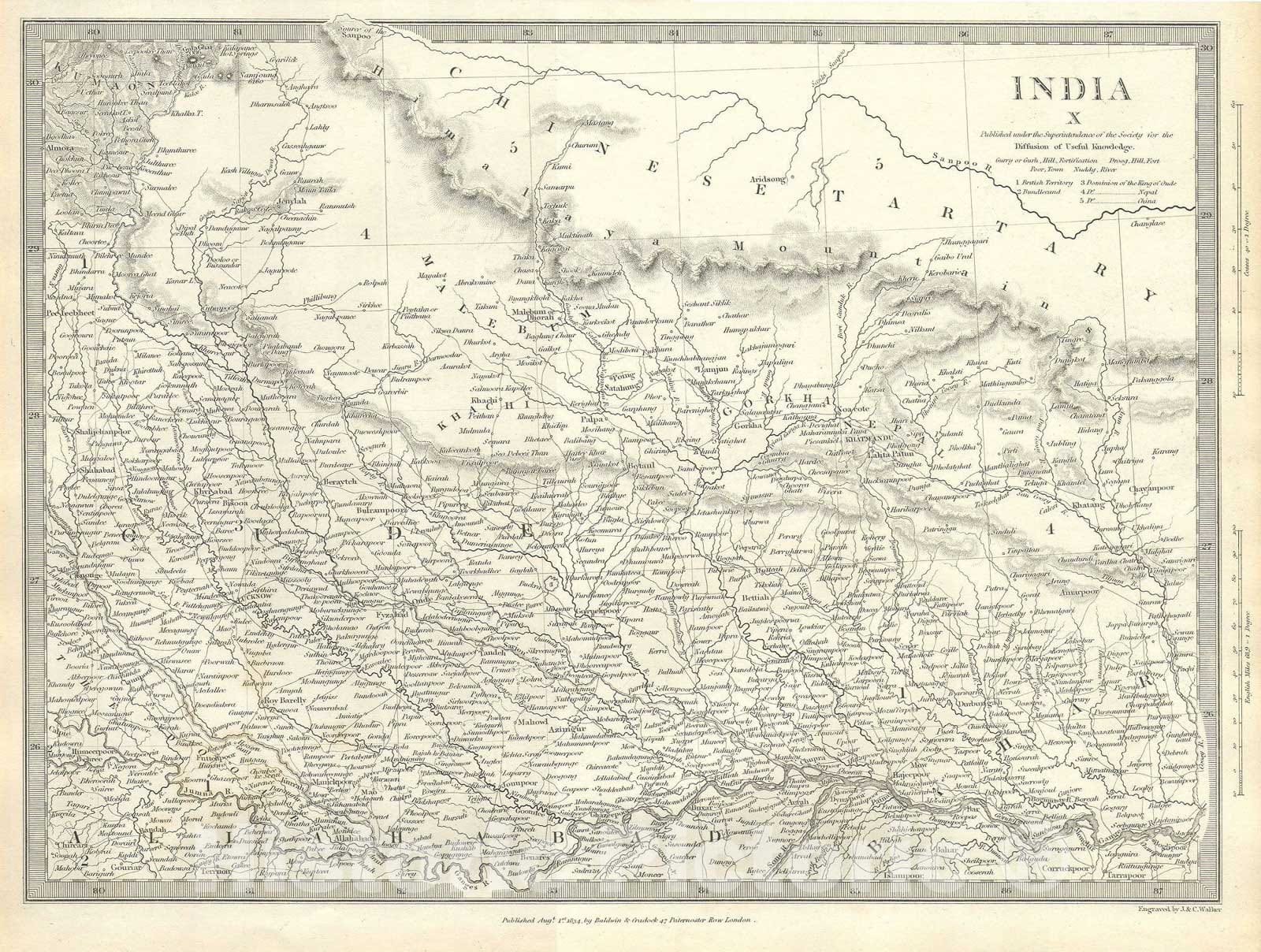 Historic Map : North India, Nepal, and Allahabad, S.D.U.K., 1834, Vintage Wall Art