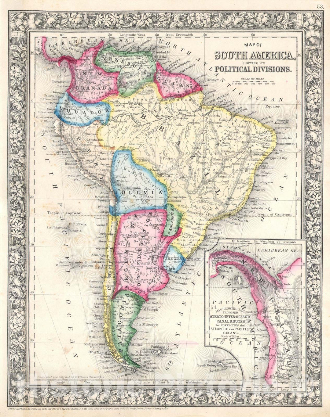 Historic Map : South America, Mitchell, 1864, Vintage Wall Art