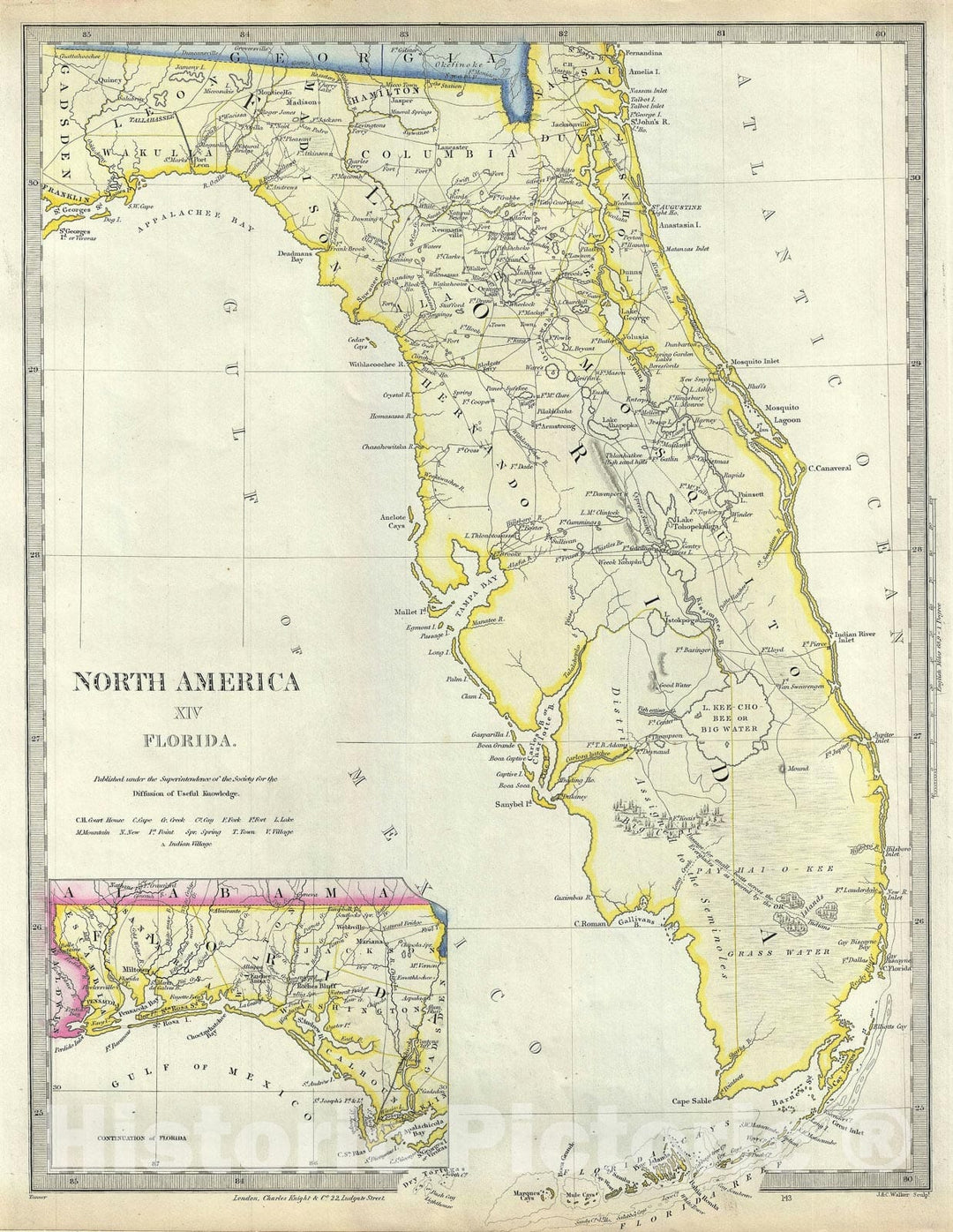 Historic Map : Florida, S.D.U.K., 1848, Vintage Wall Art