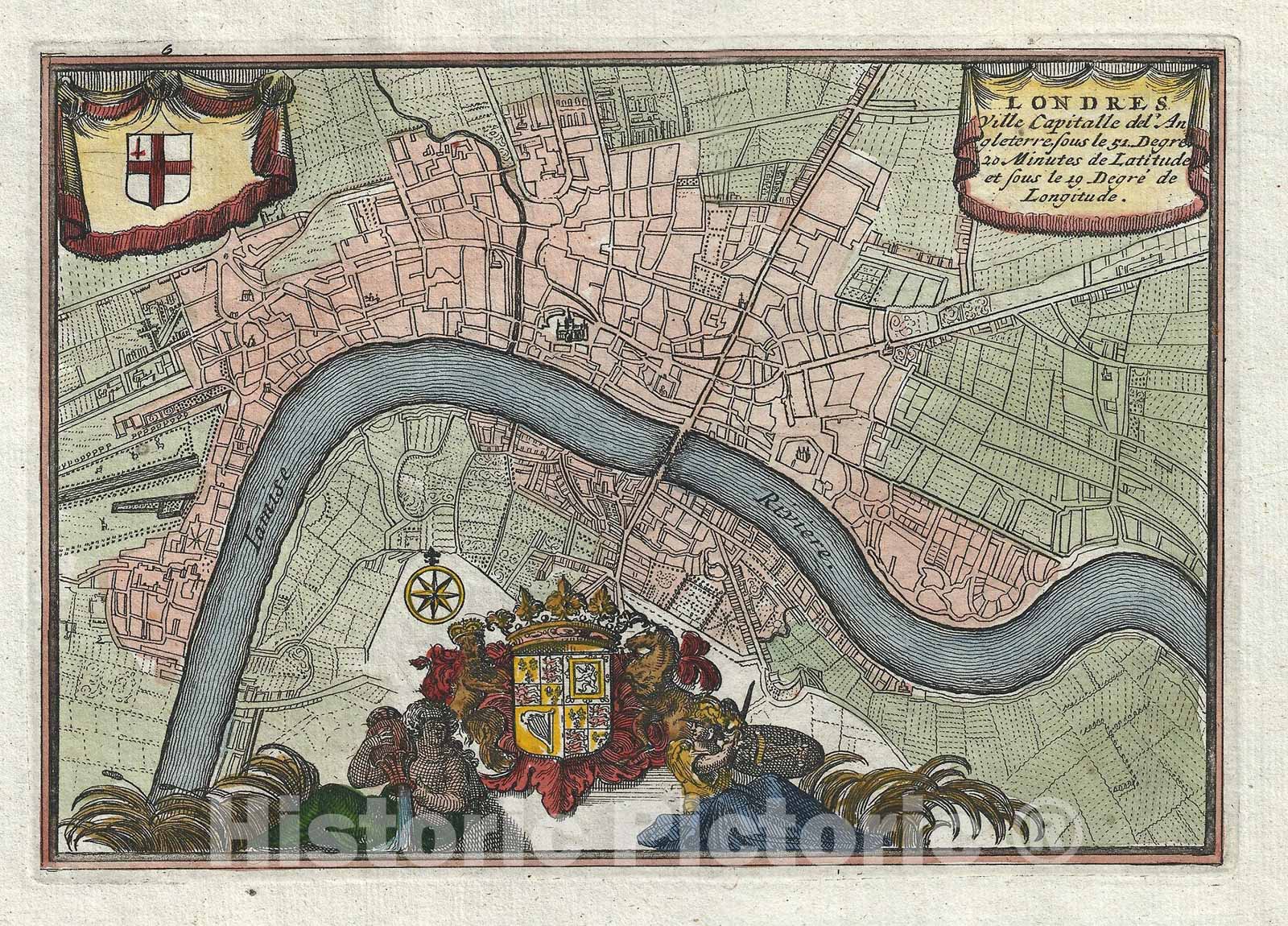 Historic Map : Plan of London, England, La Feuille, 1706, Vintage Wall Art