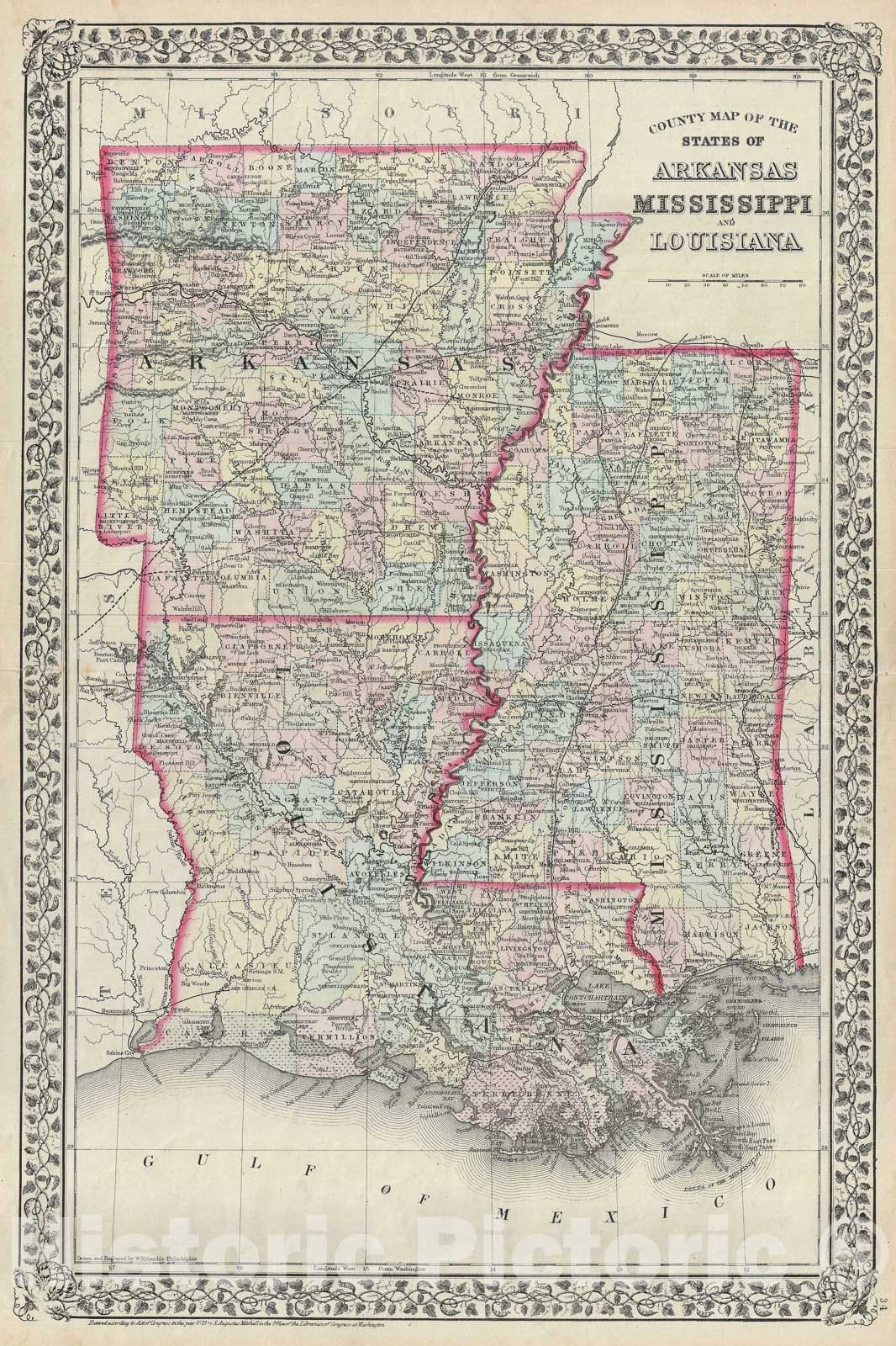 Historic Map : Arkansas, Mississippi and Louisiana, Mitchell, 1872, Vintage Wall Art