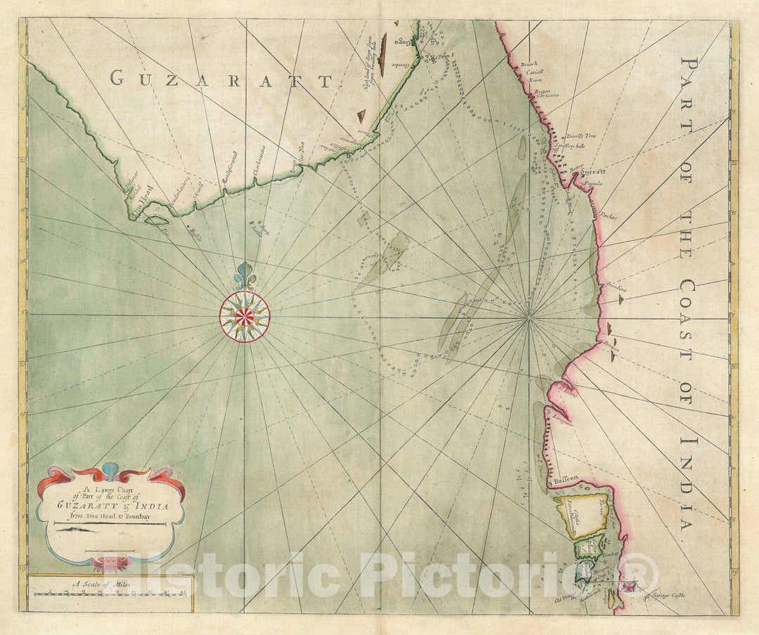 Historic Map : Nautical Chart Guzarat and Bombay "Mumbai", Samuel Thornton, 1715, Vintage Wall Art