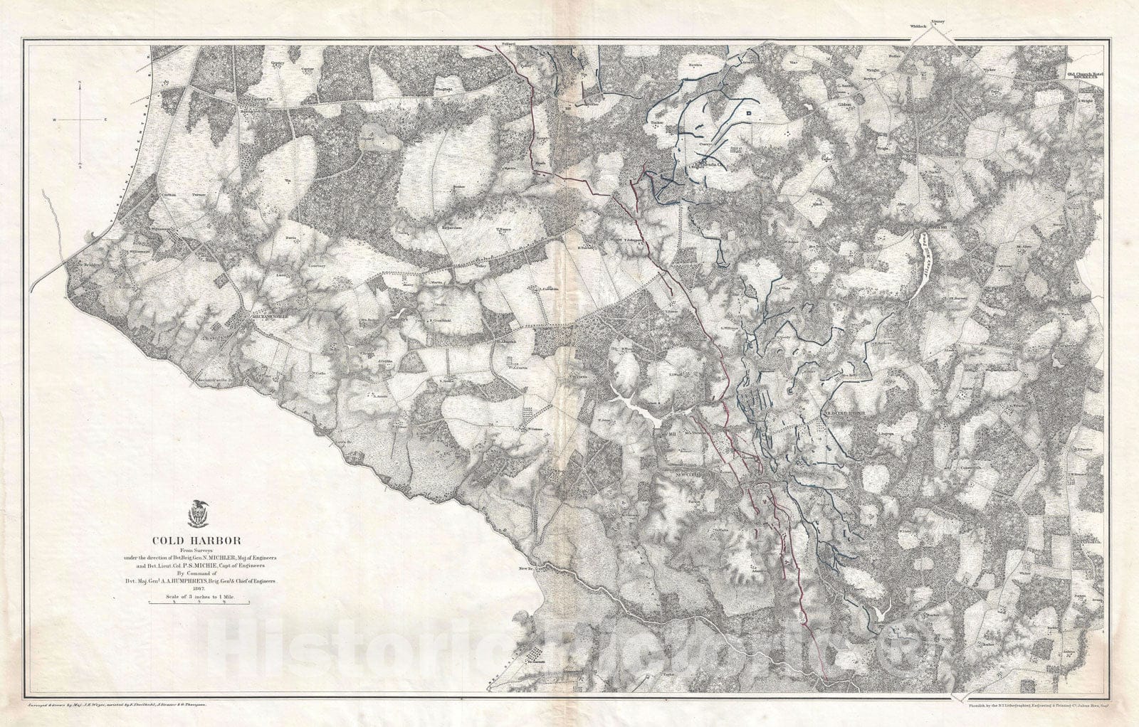 Historic Map : The U.S. Civil War Battlefield of Cold Harbor, Virginia, Weyss, 1867, Vintage Wall Art