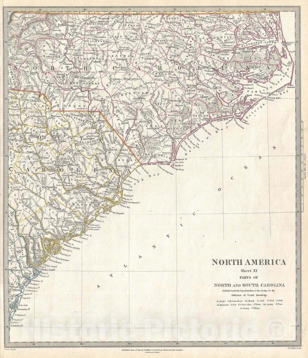 Historic Map : North Carolina and South Carolina, S.D.U.K., 1833 v1, Vintage Wall Art