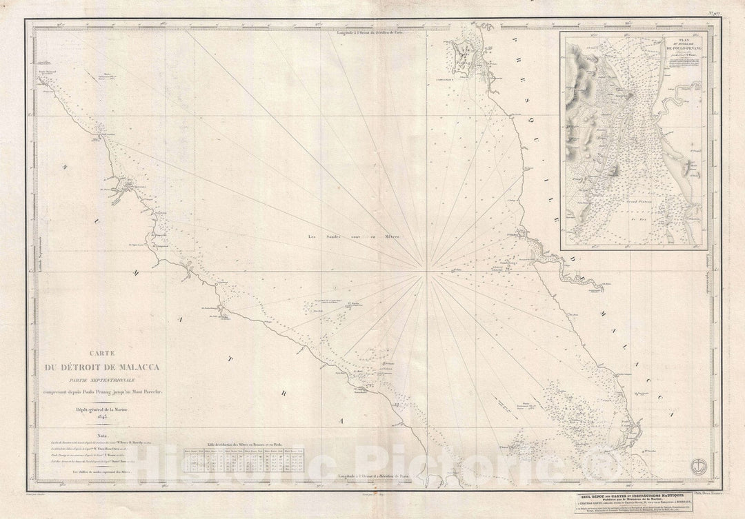 Historic Map : The Malacca Strait and Penang, Malaya, Depot de la Marine, 1843, Vintage Wall Art