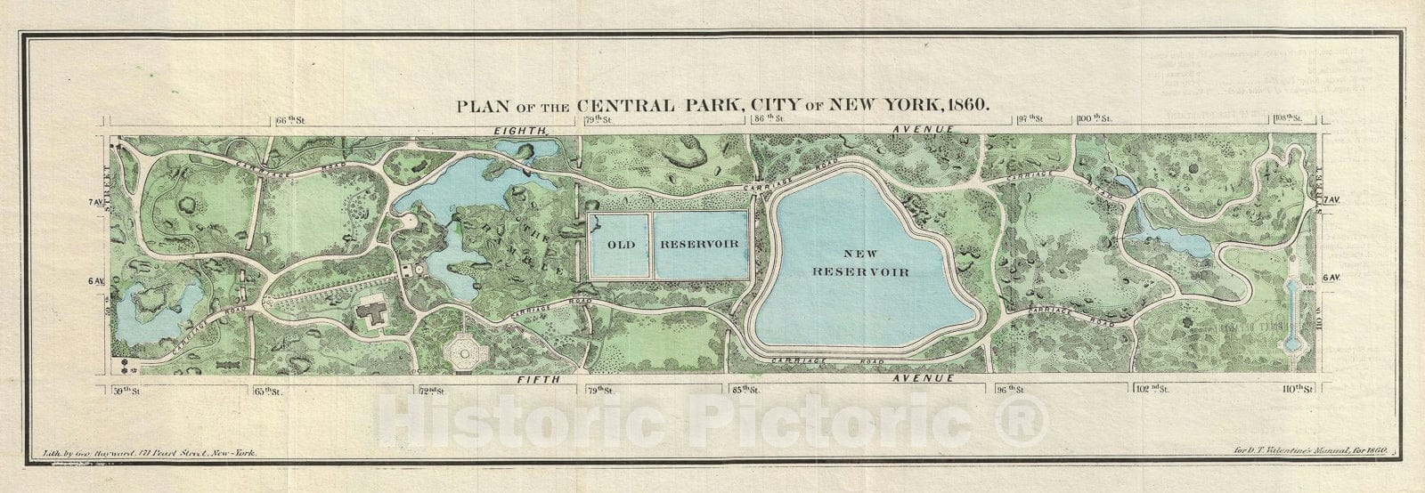 Historic Map : Plan of Central Park, New York City, Valentine, 1860, Vintage Wall Art