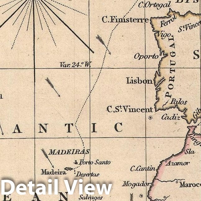 Historic Map : Nautical Chart Atlantic: England to The Cape Verd Islands, J.W. Norie, 1840, Vintage Wall Art