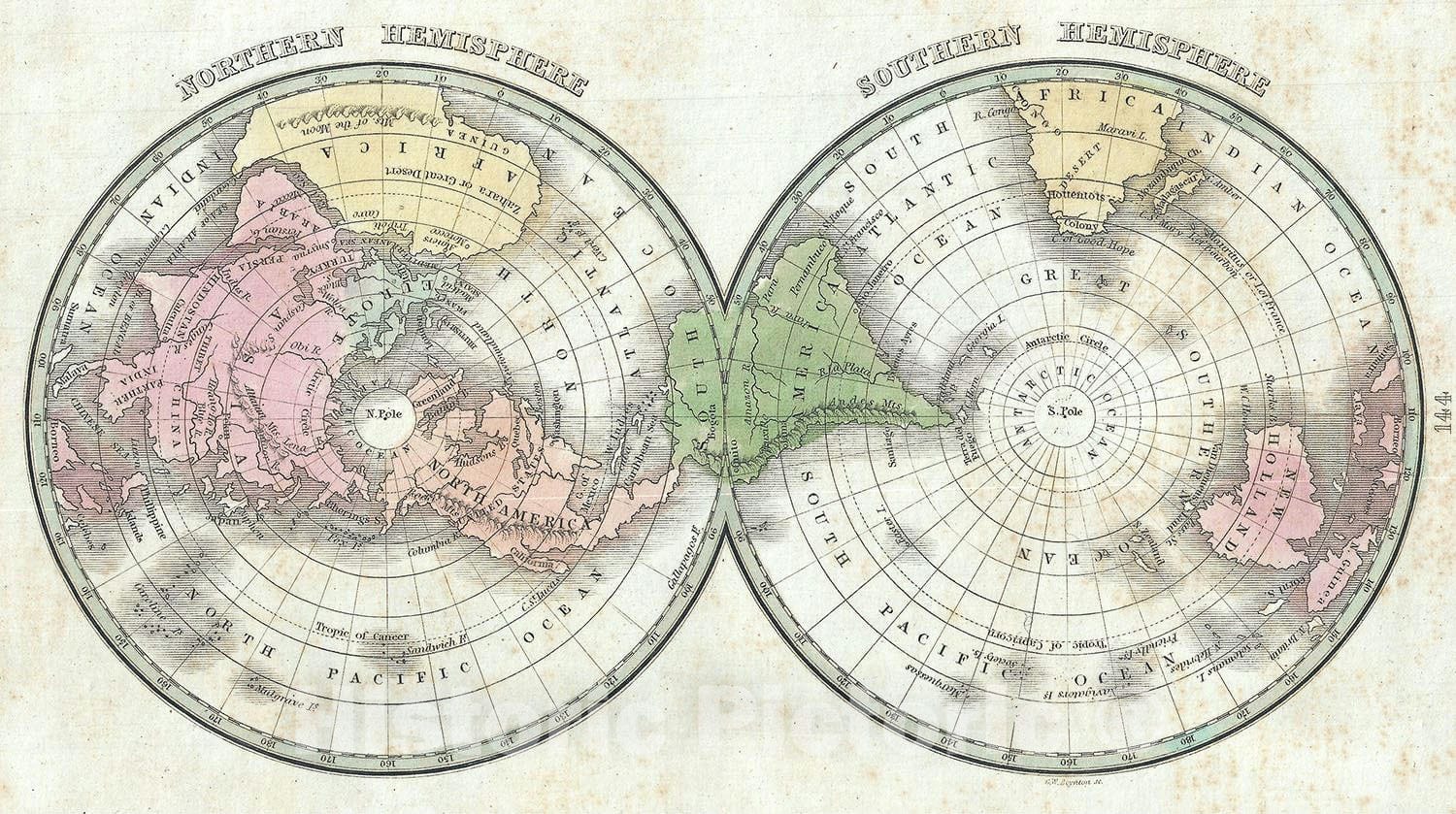 Historic Map : The World on Polar Projection "Northern Hemisphere and Southern Hemisphere", BraArtd, 1835, Vintage Wall Art