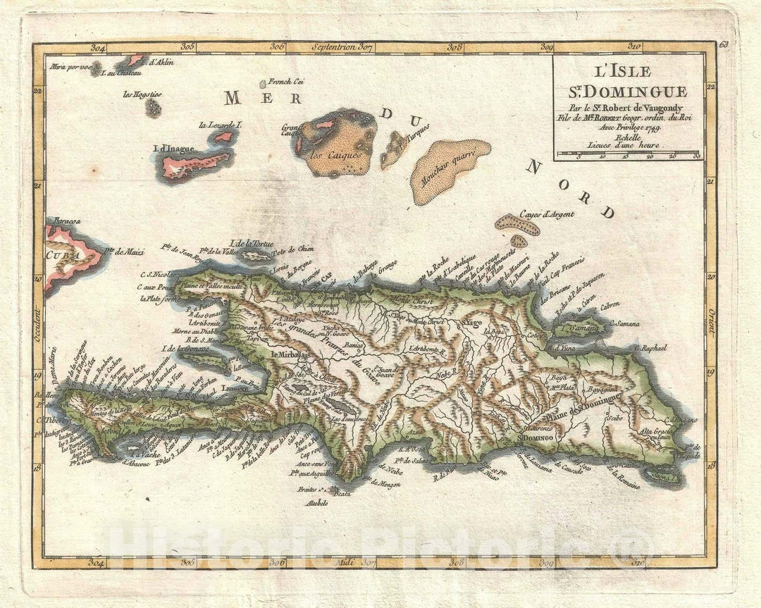 Historic Map : Hispaniola or Santo Domingo "Haiti / Dominican Republic", Vaugondy, 1749, Vintage Wall Art