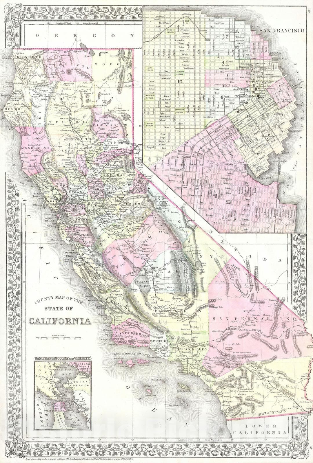 Historic Map : California w/ San Francisco Inset, Mitchell, 1881, Vintage Wall Art