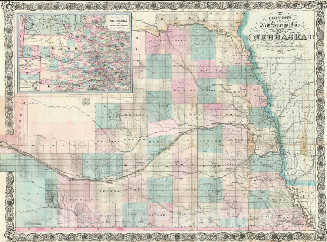 Historic Map : The State of Nebraska, Colton, 1871, Vintage Wall Art