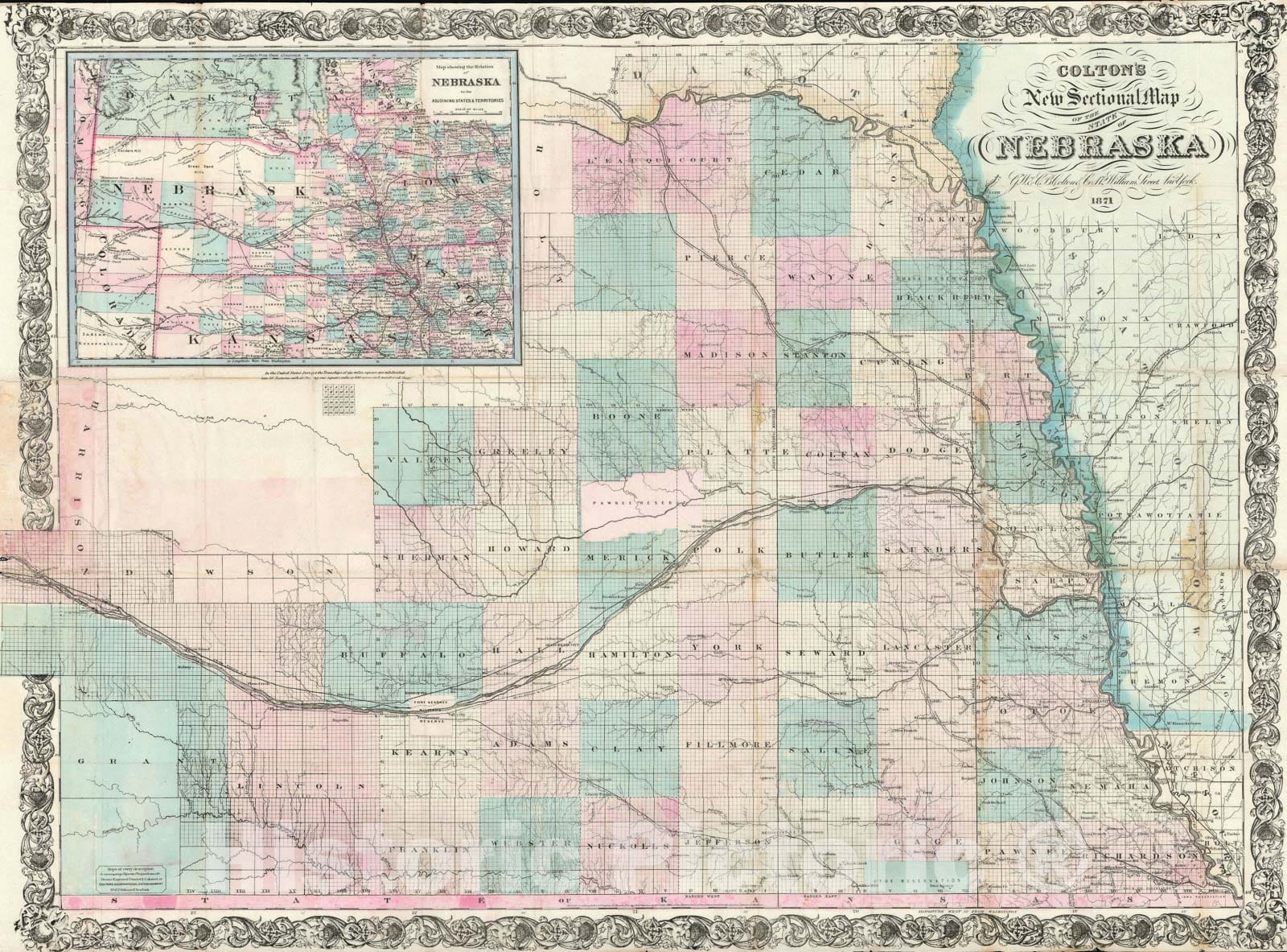 Historic Map : The State of Nebraska, Colton, 1871, Vintage Wall Art