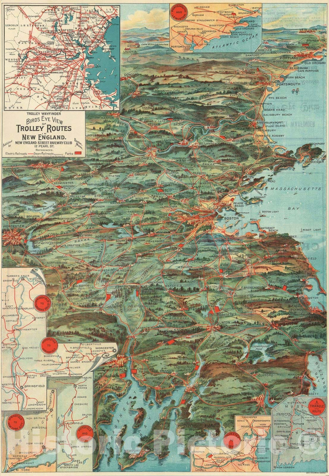 Historic Map : Lane Trolley Map and View of New England - 1st Edition, 1904, Vintage Wall Art