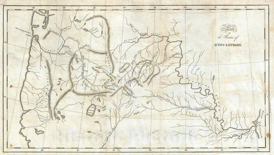 Historic Map : The Pacific Northwest w/ Routes of Hunt and Stuart, Washington Irving, 1836, Vintage Wall Art