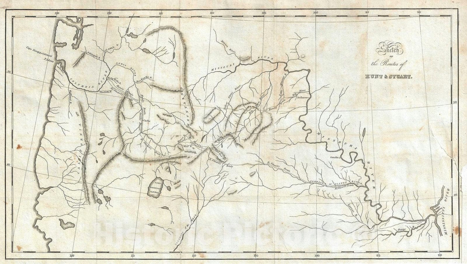 Historic Map : The Pacific Northwest w/ Routes of Hunt and Stuart, Washington Irving, 1836, Vintage Wall Art