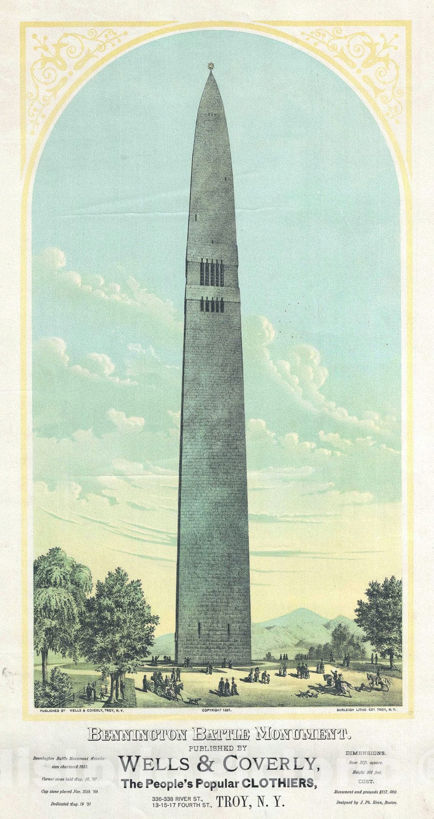 Historic Map : Bennington Battle Monument, Bennington, Vermont, Wells and Coverly, 1891, Vintage Wall Art