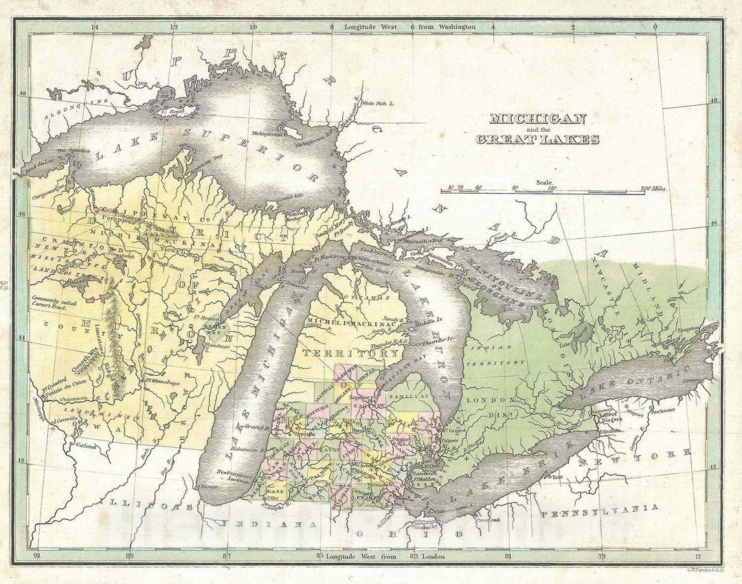 Historic Map : Michigan, Wisconsin and The Great Lakes, BraArtd, 1835, Vintage Wall Art