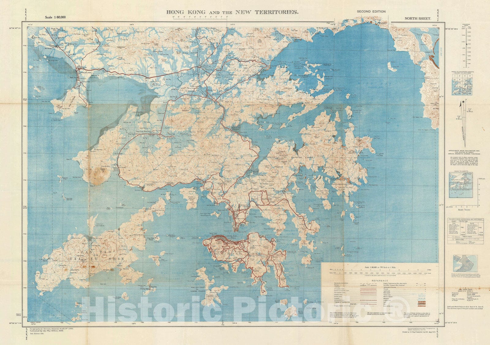 Historic Map : General Staff War Office Map of Hong Kong, Kowloon, New Territories, 1945, Vintage Wall Art