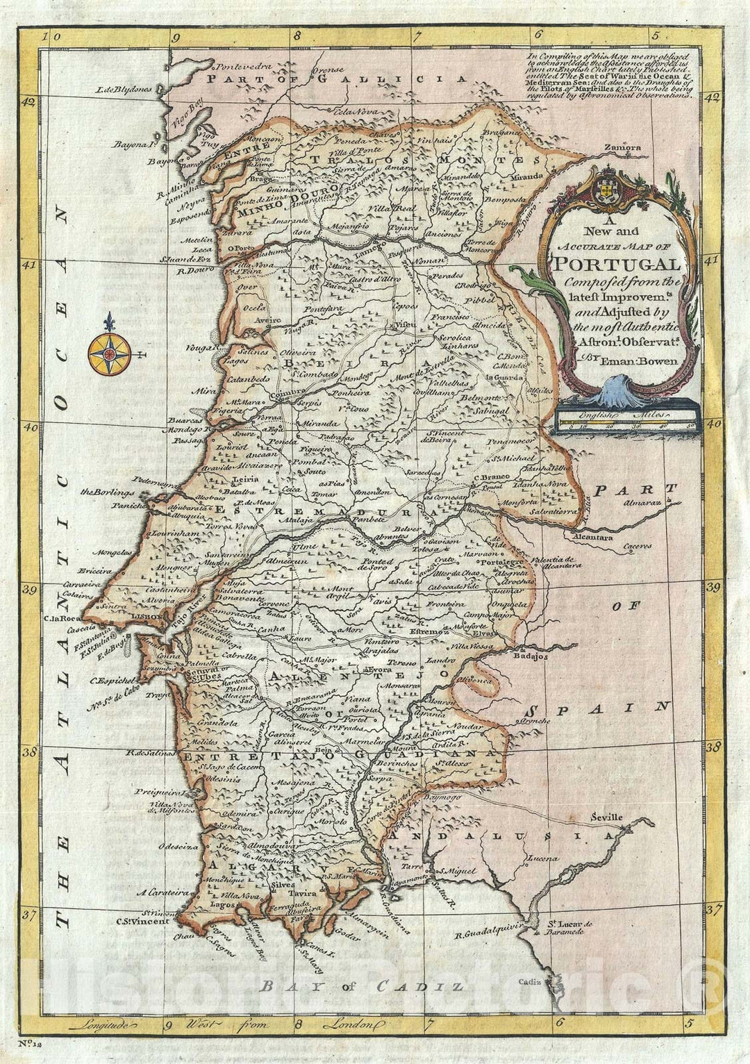 Historic Map : Portugal, Bowen, 1747, Vintage Wall Art