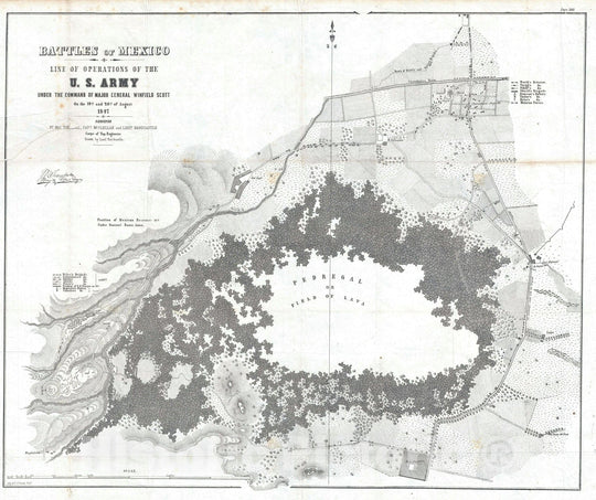 Historic Map : The Battle of Churubusco during The Mexican-American War, Hardcastle, 1847, Vintage Wall Art