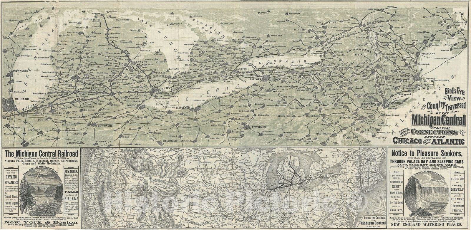 Historic Map : Railroad Map of The Michigan Central Railroad "Midwest and Northeast United States, Rand McNally, 1878, Vintage Wall Art