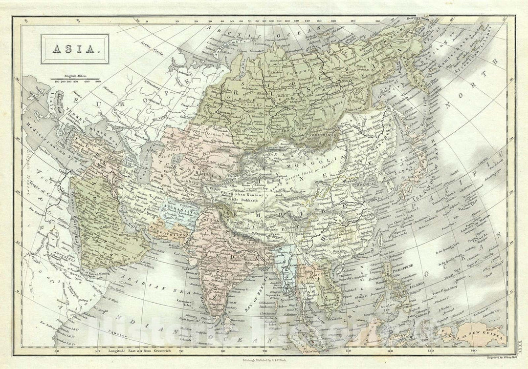 Historic Map : Asia, Black, 1851, Vintage Wall Art