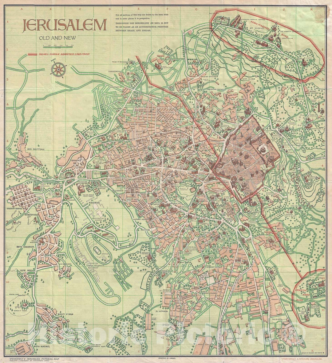 Historic Map : Steimatsky Pictorial Map of Jerusalem, 1955, Vintage Wall Art