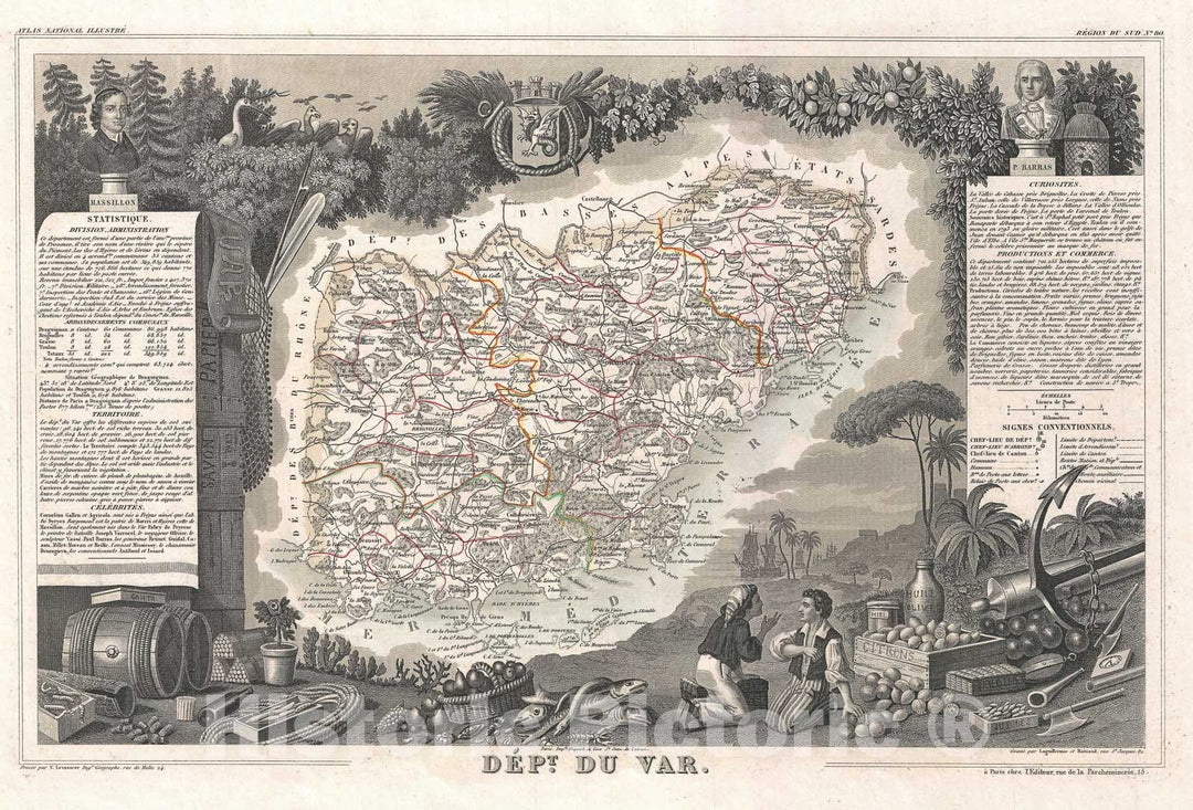 Historic Map : The Department Du VAR, France French Riviera, Côte d'Azur, Levasseur, 1852, Vintage Wall Art