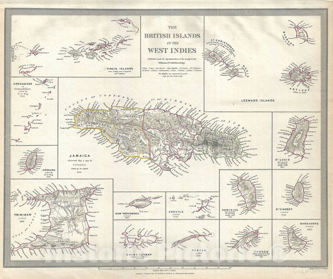 Historic Map : The British Islands in West Indies "Including Jamaica", S.D.U.K., 1835, Vintage Wall Art