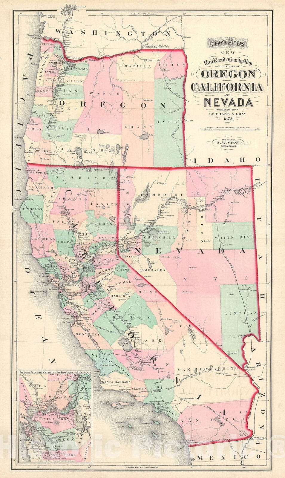 Historic Map : California, Nevada, anArtegon, Gray, 1873, Vintage Wall Art