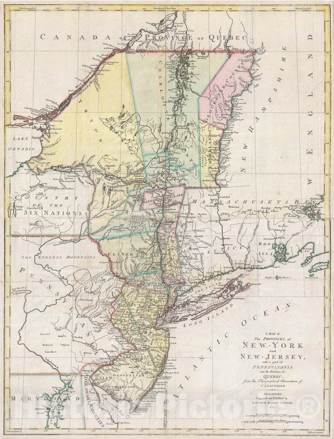 Historic Map : New York and New Jersey, Lotter and Sauthier, 1777, Vintage Wall Art