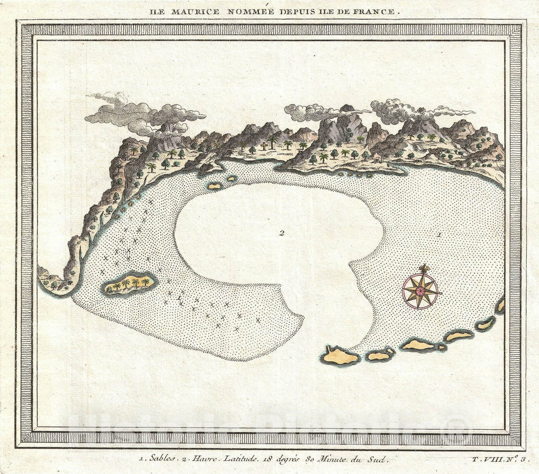 Historic Map : View of Mauritius, Bellin, 1750, Vintage Wall Art