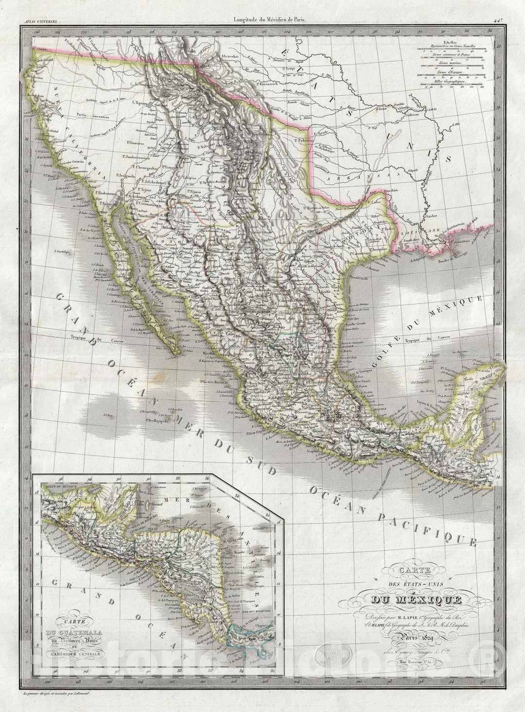 Historic Map : Mexico, Texas, and Upper California, Lapie, 1829, Vintage Wall Art