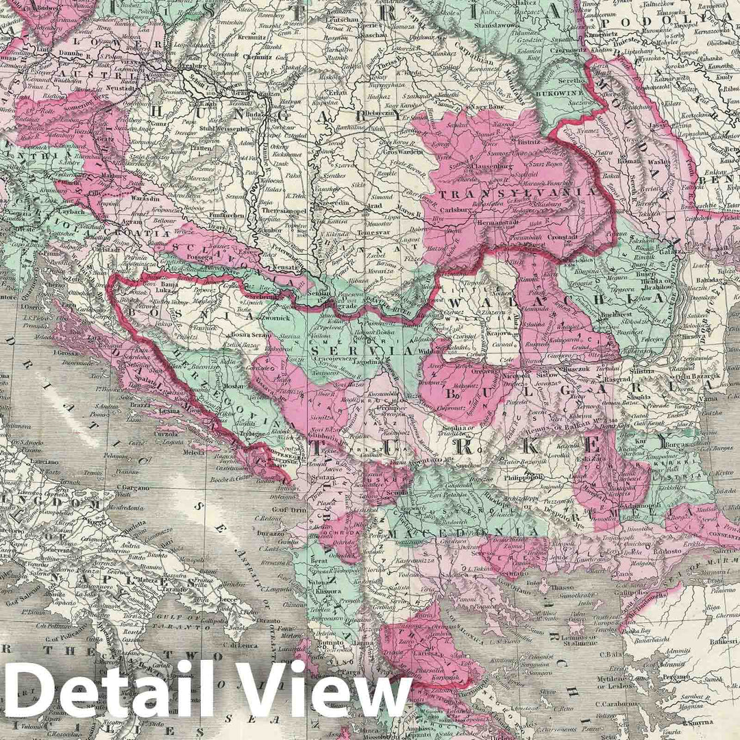 Historic Map : Austria, Turkey in Europe and Greece+C24, Johnson, 1865, Vintage Wall Art