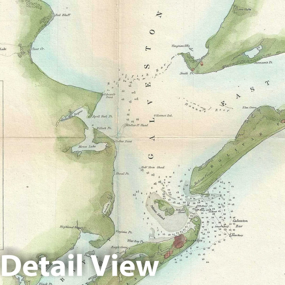 Historic Map : Nautical Chart Galveston Bay, Texas, U.S. Coast Survey, 1851, Vintage Wall Art