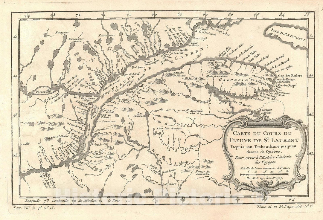 Historic Map : St. Lawrence River, Quebec, Canada, Bellin, 1757, Vintage Wall Art