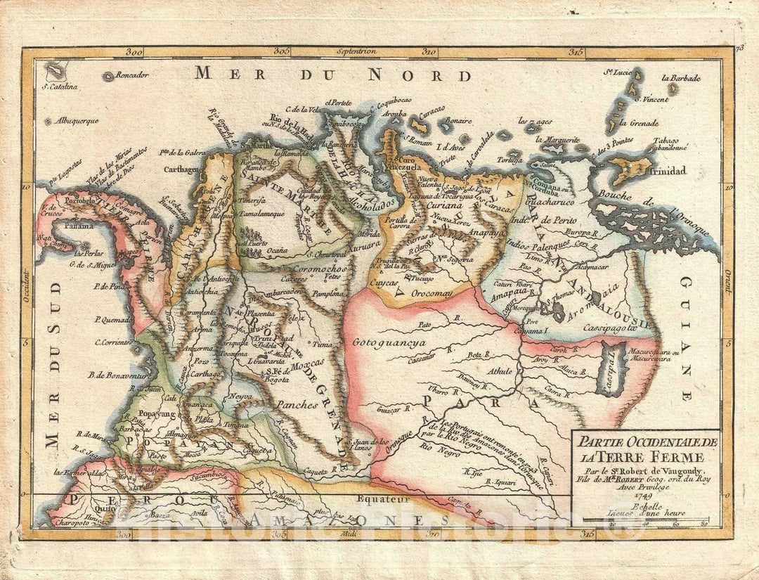 Historic Map : Colombia and Venezuela, Vaugondy, 1749, Vintage Wall Art