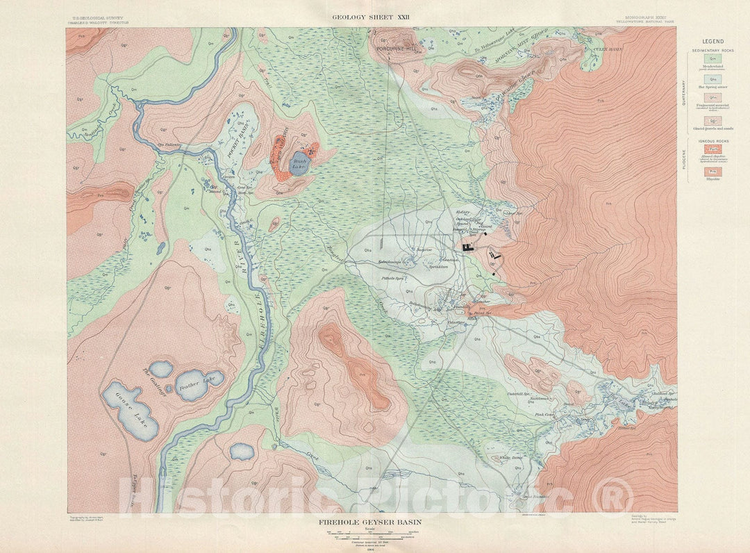 Historic Map : USGS Geologic Firehole Geyser Basin, Yellowstone National Park, 1904, Vintage Wall Art