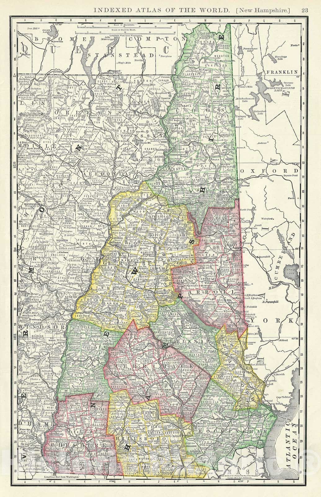 Historic Map : New Hampshire, United States, Rand McNally, 1888, Vintage Wall Art