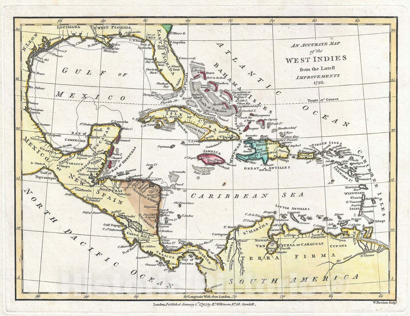 Historic Map : The West Indies and Caribbean, Wilkinson, 1792, Vintage Wall Art