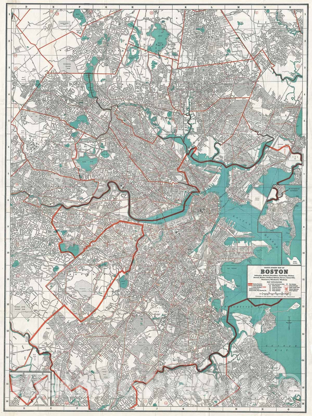 Historic Map : Plan of Boston, Massachusetts, Cram, 1939, Vintage Wall Art