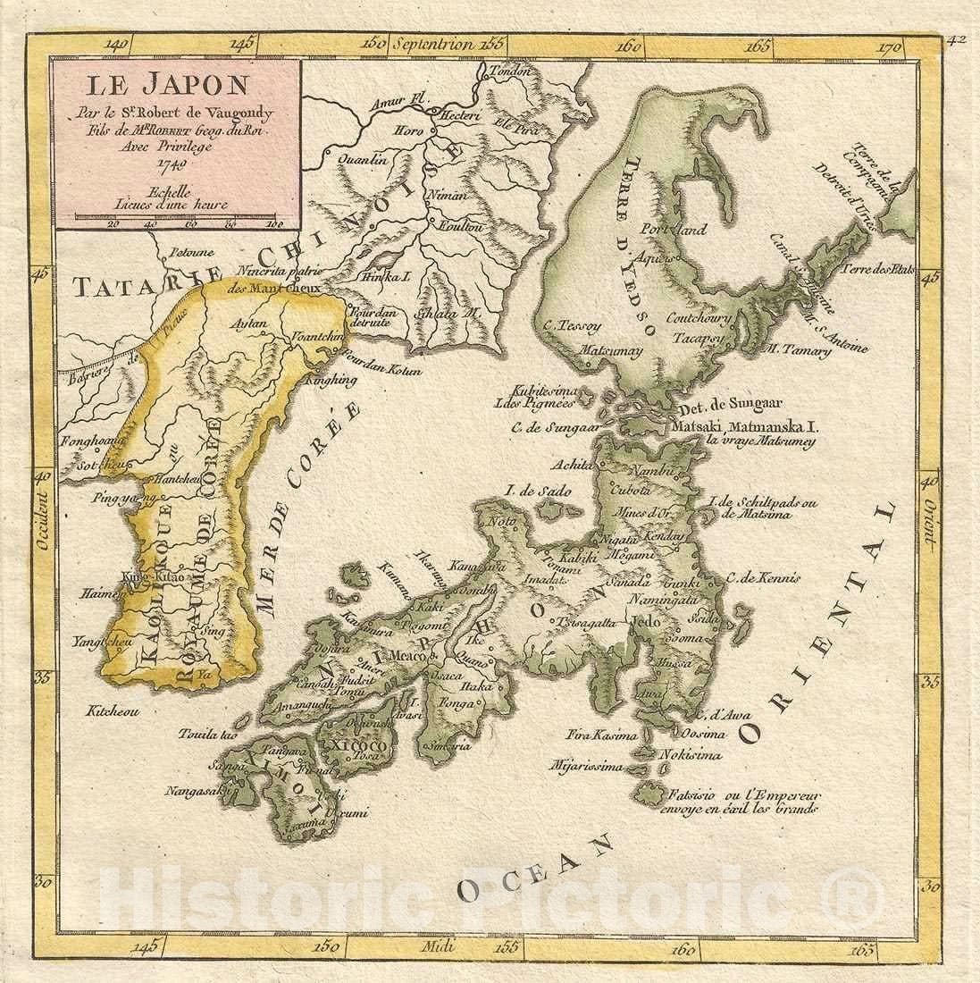 Historic Map : Japan and Korea "Sea of Korea", Vaugondy, 1749, Vintage Wall Art