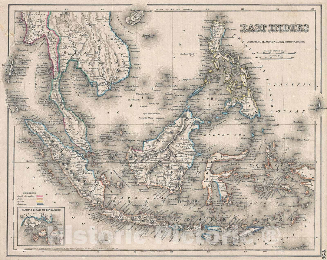 Historic Map : The East Indies "Singapore, Thailand, Borneo, Malaysia", Colton, 1857, Vintage Wall Art