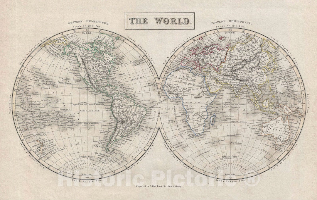 Historic Map : The World in Two Hemispheres, Black, 1840, Vintage Wall Art